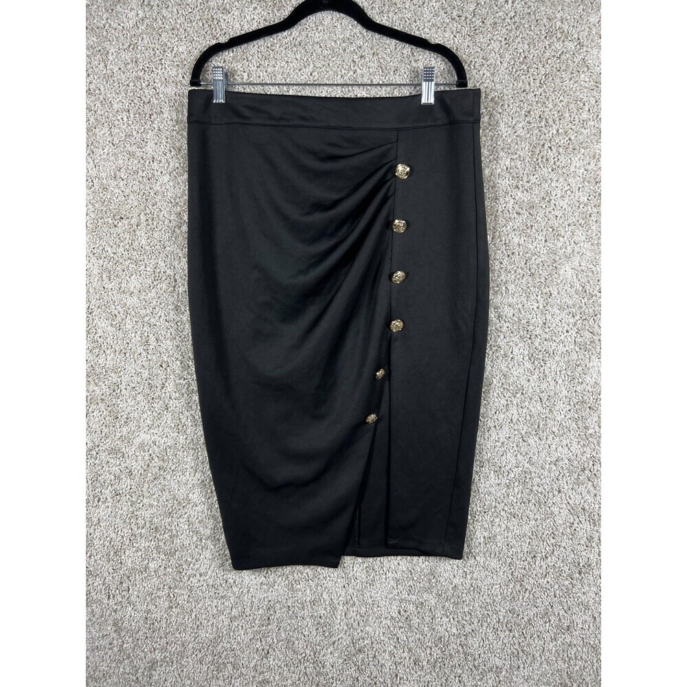 Goodtime USA Women Black Midi Skirt Button Detail Ruched Stretch Size 1XL
